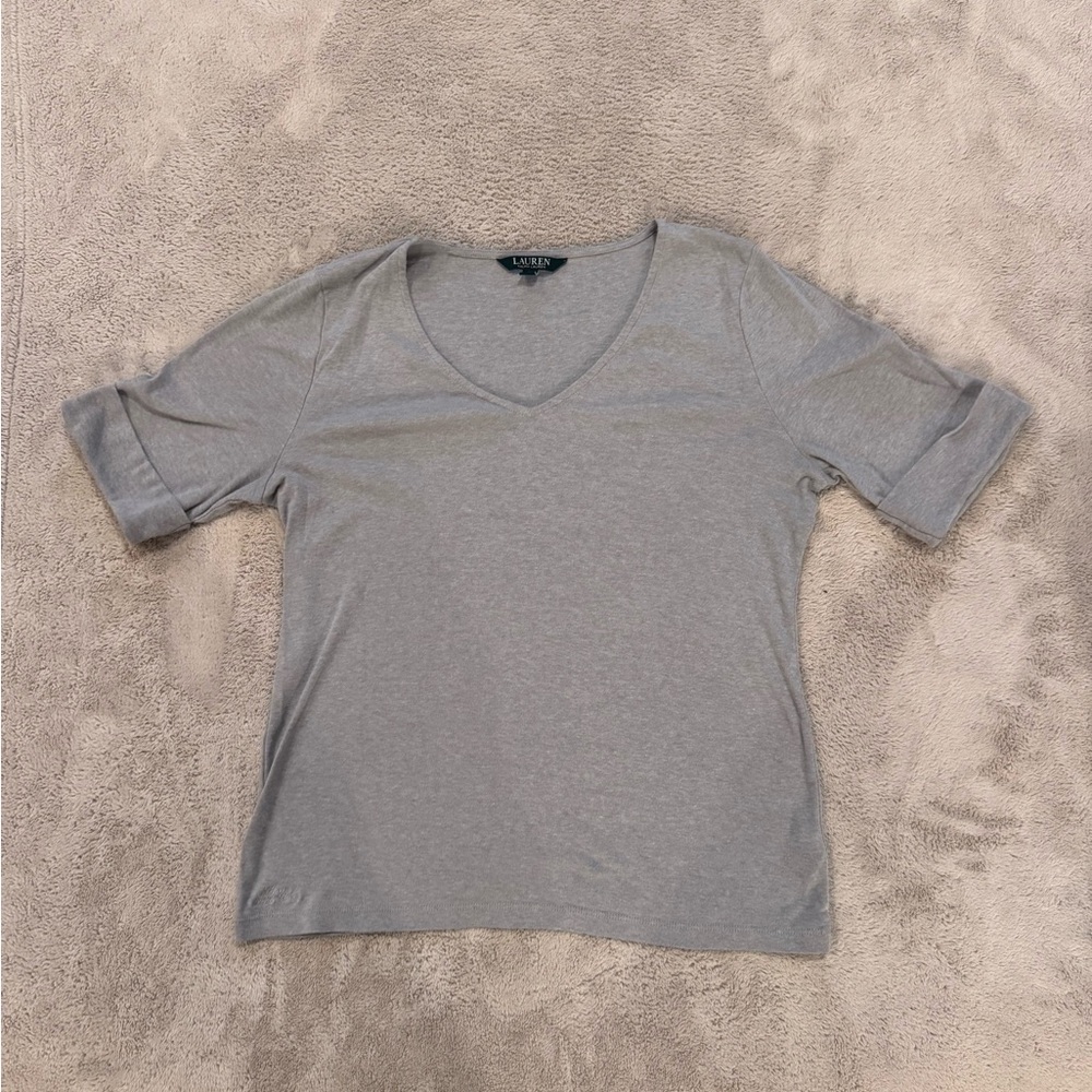 Lauren Ralph Lauren Gray Short Knit Sleeve V-Neck Cap Sleeve Top Size XL